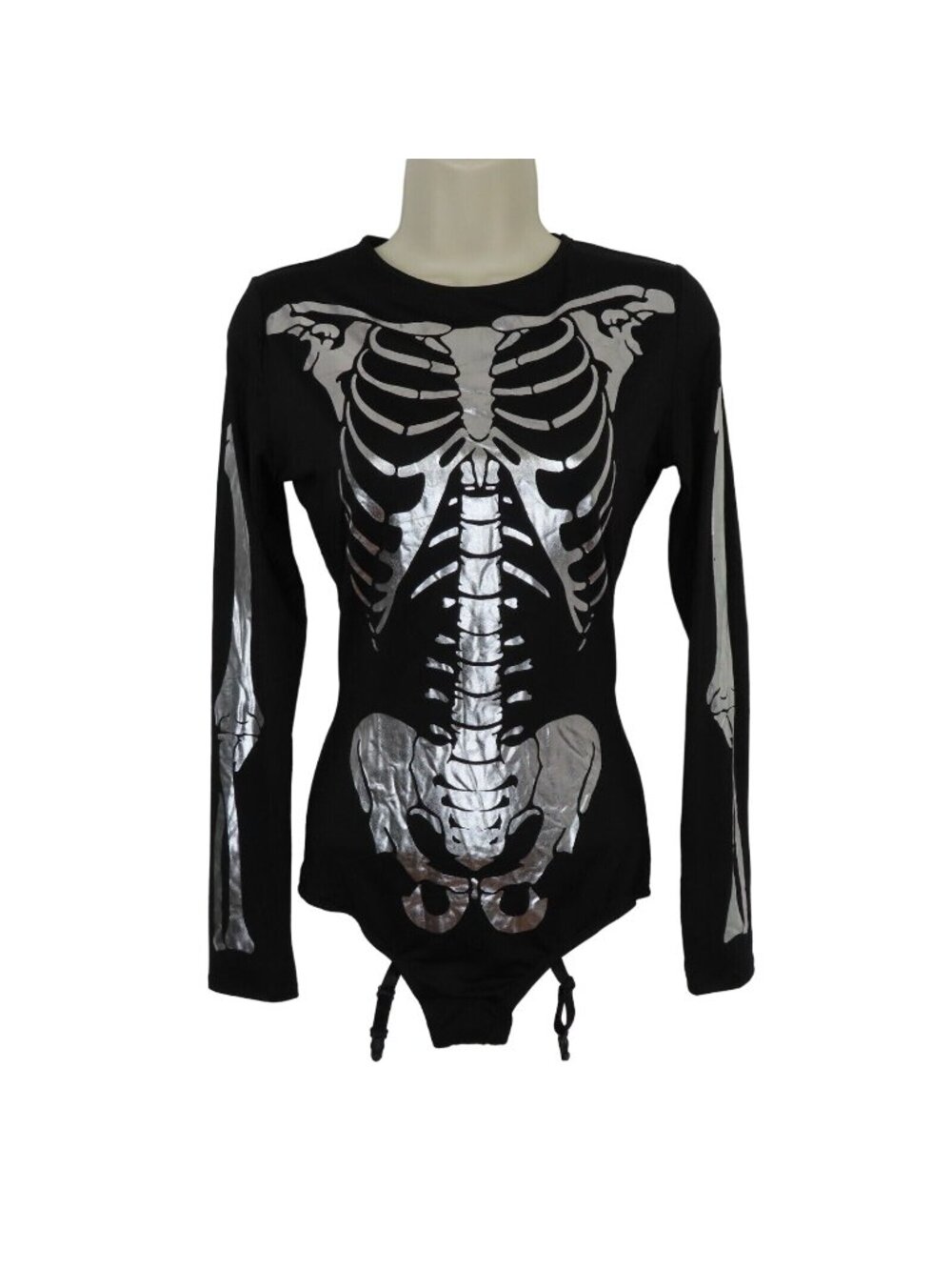 Foreplay Small Medium S/M Black Silver Skeleton Bones Long Sleeve Bodysuit NEW